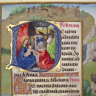 Ms 1058-1975 f.82r Historikeret initial `D der skildrer Kongernes tilbedelse, fra en Time Books of Hours, sandsynligvis Brugge, c.1500-05 af Flemish School