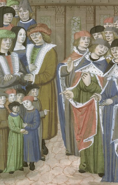 Ms Hunter 9 f.68v Gruppe af læger, mænd, kvinder og børn, fra De Medina Fen I. II, af Avicenna (980-1037) af Flemish School