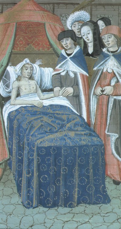 Ms Hunter 9 f.76r Patient i seng med to læger, fra De Medina Fen I. II, af Avicenna (980-1037) af Flemish School