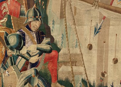 Sogns museum for gobeliner (Pastrana Parish Museum of Tapestries). flamsk gobelin. Landingen ved Arzila (Landingen ved Arzila, Desembarco og Arzila). Serie Conquests of King Alfonso I of Portugal (Conquests of King Alfonso V of Portugal). Turnering. Uld af Flemish School