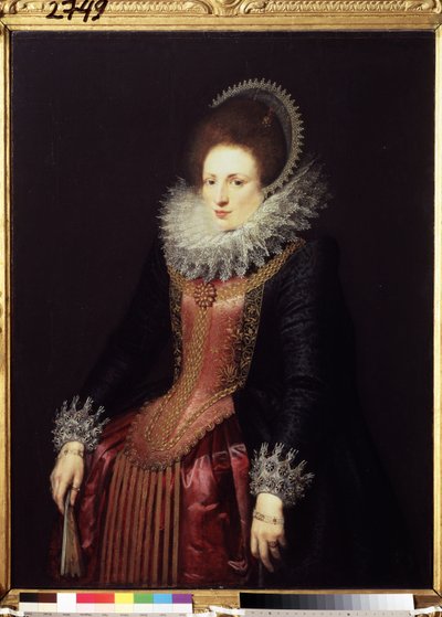 ""Portræt af en dame med en vifte" (Portræt af en dame med en vifte) en rigdomsdame, iført en ruff og en broderet kjole. Maleri af den flamske skole omkring 1610. Pushkin Museum, Moskva af Flemish School