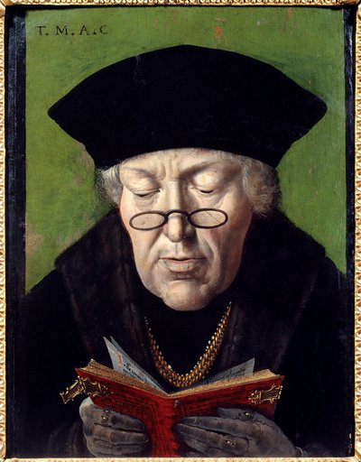 Portræt af Thomas More (1478-1535), humanist. Humanisten er repræsenteret med briller ved at læse en bog. Maleri af den flamske skole af Flemish School