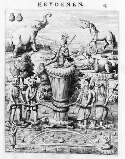 Samudramathana, med deltagelse af Deva (Surya, Shiva, Vishnu, Brahma) med dæmoner og bjerge. Ifølge Baldaeus Philippus Afgoderye der oost-indische Heydenen. Amsterdam 1672 af Flemish School