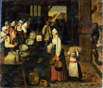 Omgivelser af Pieter Brueghel III: Et ægtepar modtager gaver (maleri på lærred) af Flemish School