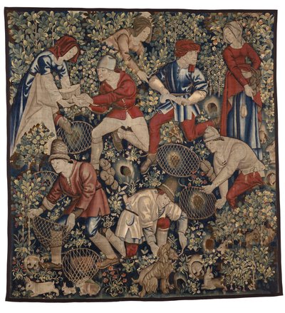 Vægtæppe, der forestiller bønder, der jager kaniner med fritter, Tournai, ca. 1450-75 (uld) af Flemish School