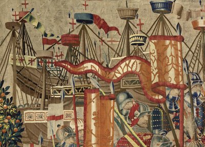 Gobelin, der viser erobringerne af kong Alfonso V af Portugal (Conquistas de Alfonso V de Portugal), Tournai. Detalje. (uld og silke) af Flemish School