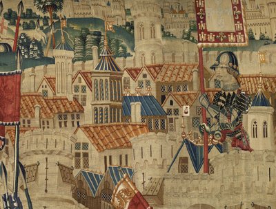 Gobelin, der viser erobringerne af kong Alfonso V af Portugal (Conquistas de Alfonso V de Portugal), Tournai. Detalje. (uld og silke) af Flemish School