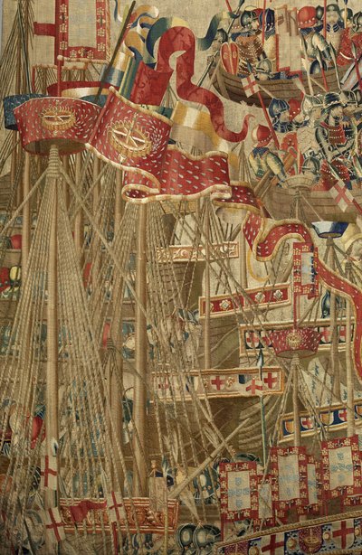 Gobelin, der viser erobringerne af kong Alfonso V af Portugal (Conquistas de Alfonso V de Portugal), Tournai. Detalje. (uld og silke) af Flemish School