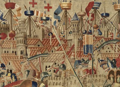 Gobelin, der viser erobringerne af kong Alfonso V af Portugal (Conquistas de Alfonso V de Portugal), Tournai. Detalje. (uld og silke) af Flemish School