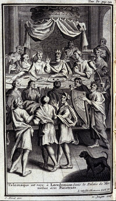 Telemaque modtages i Lacedemone i Menelas palads med Pisistrate. Illustration til bog IV af Odyssee af Homere, i Odyssee, udgivet i Amsterdam i 1731, Milano. af Flemish School