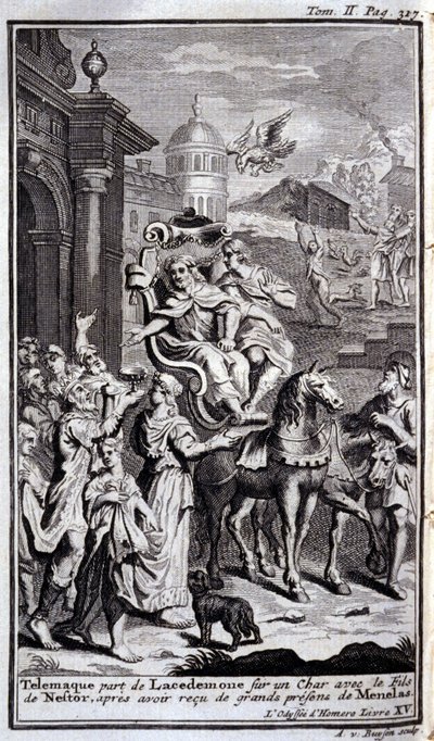 Telemaque forlader Lacedemone på en tank med Nestors søn efter at have modtaget gode gaver fra Menelas. Illustration til bogen XV de l