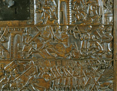 Courtrai-kisten, der skildrer opstanden i Brugge den 18. maj, under slaget ved de gyldne spor, udkæmpet i Courtrai i 1302 (træ) (detaljer) af Flemish School