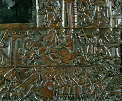 The Courtrai Chest skildrer to scener fra slaget ved de gyldne spor udkæmpet i Courtrai i 1302 (træ) (detaljer) af Flemish School
