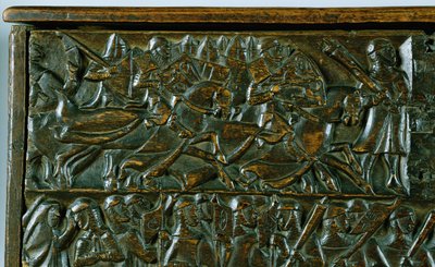 The Courtrai Chest skildrer to scener fra slaget ved de gyldne spor udkæmpet i Courtrai i 1302 (træ) (detaljer) af Flemish School