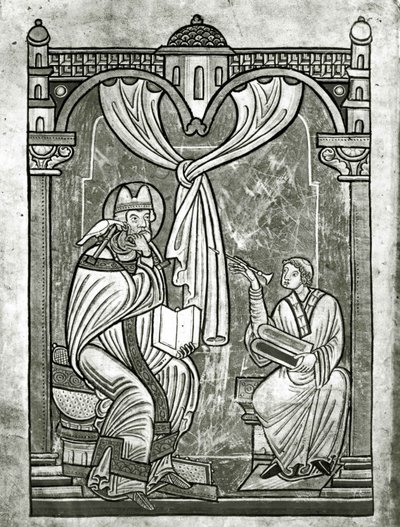 Skt. Gregors ekstase (ca. 540-604) skimtet af diakonen Peter gennem et gardin gennemboret af hans stilet af Flemish School