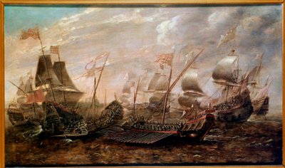 Det Invincible Armada søslag, der så den spanske armadas nederlag mod den engelske flåde i august 1588, flamsk skole af Flemish School