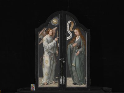 Triptykon med Jomfruen og Barnet, St. Barbara og St. Catherine (olie på træ) af Flemish School
