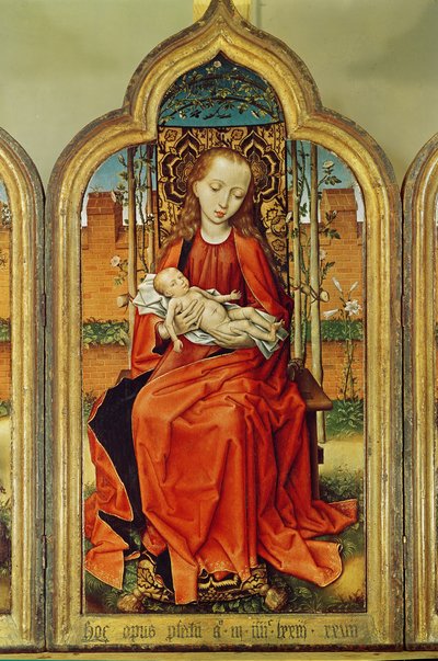 Triptykon af Jean de Witte, midterpanel: Virgin and Child, 1473 (olie på egetræspanel) af Flemish School