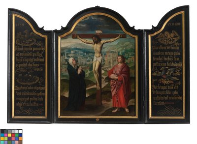 Triptykon med korsfæstelse og tekster (olie på panel) af Flemish School
