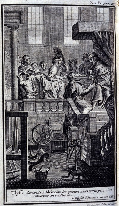 Ullysse beder Alcinous (Alcinoos) om den nødvendige hjælp til at vende tilbage til sit hjemland. Illustration til bog VII af Odyssee af Homere, i Odyssee, udgivet i Amsterdam i 1731, Collection privee Milan. af Flemish School