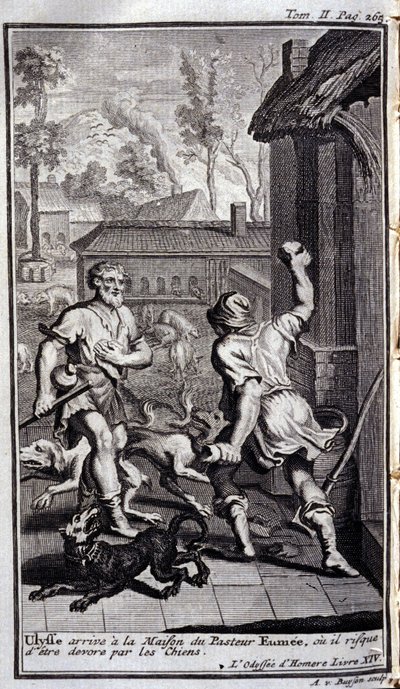 Ulysses ankommer til pastor Eumees hus, eller han kan blive forkælet af hunde. Illustration til bog XIV de l