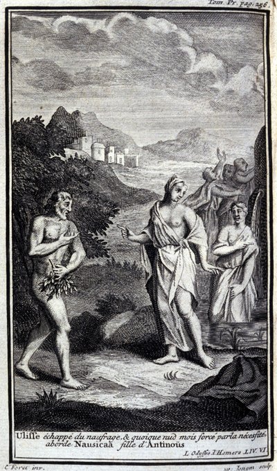 Ulysses flygter fra skibsvraget, og selvom han er nøgen, men med magt, nærmer han sig Nausicaa, datter af Antinous (Antinoos). Illustration til bog VI af Odyssee of Homere, i Odyssee, udgivet i Amsterdam i 1731, Milano. af Flemish School
