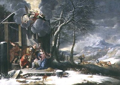 Vinterlandskab med fødselar (olie på lærred) af Flemish School