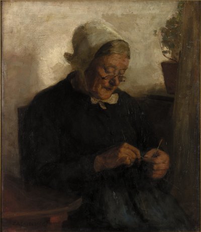 Old Woman Knitting (olie på lærred) af Florence Engelbach
