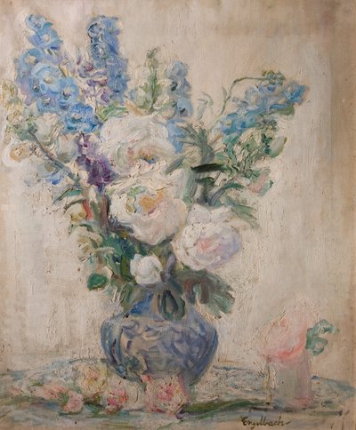 Hvide roser og delphiniums af Florence Engelbach