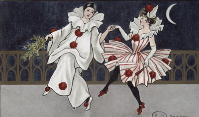 Postkort med Pjerrot og hans ledsager, ca. 1900 af Florence Hardy