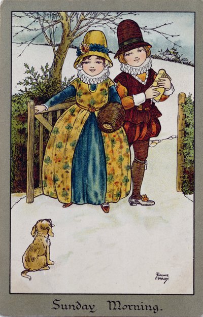 Søndag morgen, victoriansk kort (farvelitografi) af Florence Hardy