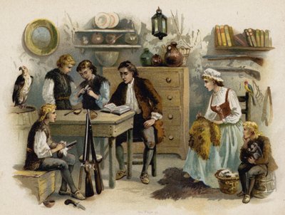 Scene fra The Swiss Family Robinson: Far læser for familien i Rock Castle (chromolitho) af Florence Maplestone