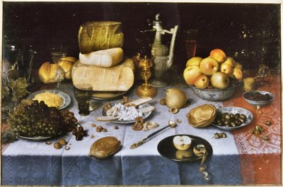 Hollandsk: Stilleben med frugt, ost, brød og vin Dækket bord med ost og frugt af Floris van Dyck