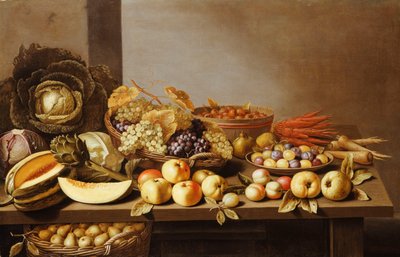 Skåle med frugt og nødder på et træbord med en kurv med pærer under, af Floris Gerritsz van Schooten