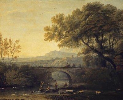 Fransk:  Paysage avec un pont Landskab med en bro af Follower of Claude Lorrain