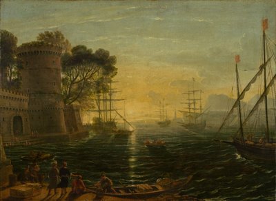 Havn ved solnedgang af Follower of Claude Lorrain