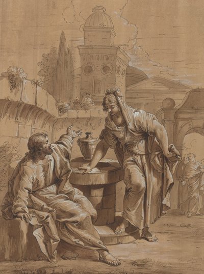 Kristus og Samarias kvinde af Follower of Francesco Fontebasso