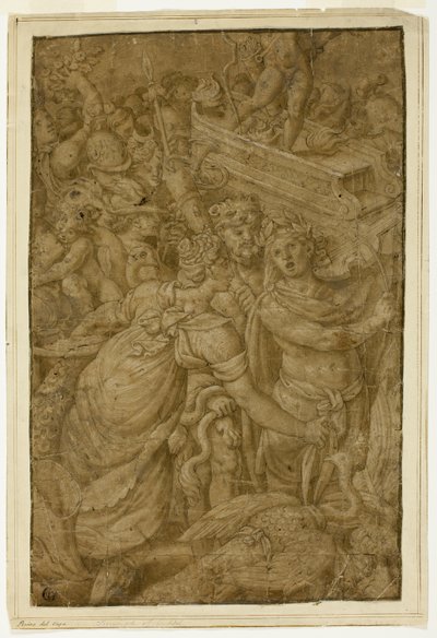 Amor i triumfvogn, ledsaget af guder og gudinder af Follower of Giulio Romano