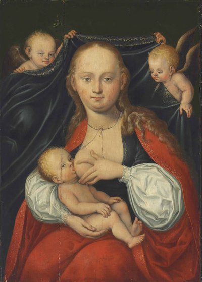 Jomfruen og barnet med to engle af Follower of Lucas Cranach the Elder
