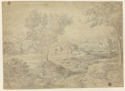 Italiensk landskab med bygninger af Follower of Nicolas Poussin