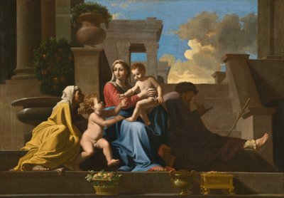 Den hellige familie på trappen af Follower of Nicolas Poussin