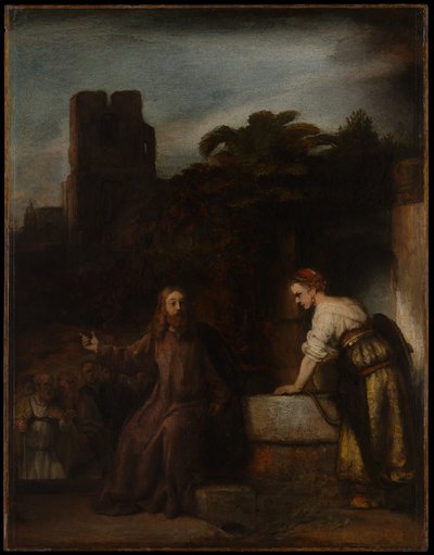 Kristus med kvinden i Samaria af Follower of Rembrandt