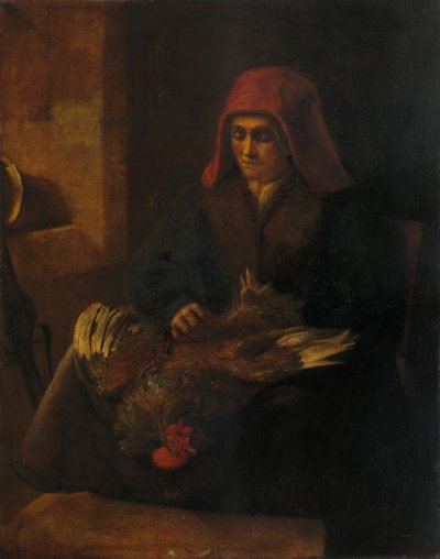 Gammel kvinde plukker en høns af Follower of Rembrandt van Rijn