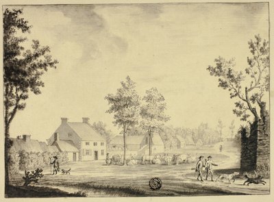Jægere og kvægflok uden for landejendom af Follower of Samuel Hieronymus Grimm