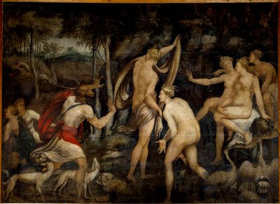 Diane (Artemis), jagtens gudinde, og Acteon, jægermaleri fra School of Fontainebleau (1500-tallet). Mål 2,65 x 3,67 m af Fontainebleau School