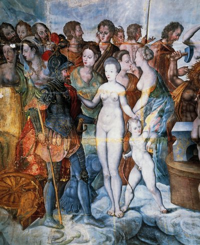 Henry II og Diane de Poitiers, fresker i Ligues forgyldte tårn, Fontainebleau School, Tanlay Castle (16.-17. århundrede), Bourgogne, Frankrig af Fontainebleau School