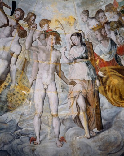 Mercury, budbringer af guder og Psyche, Janus til højre, fresker i Ligues forgyldte tårn, Fontainebleau-skolen, Tanlay Castle (16.-17. århundrede), Bourgogne, Frankrig af Fontainebleau School