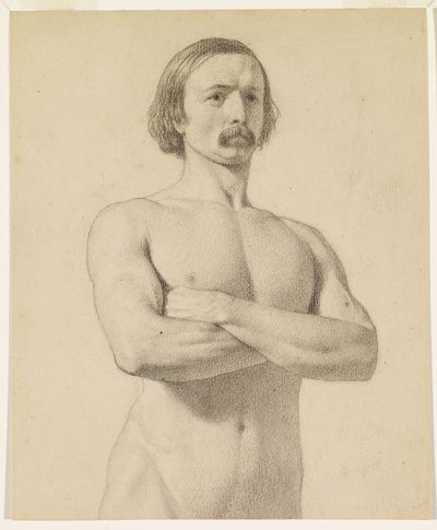 Mandlig nøgen - Akademisk nøgenstudie, halv længde med overskæg og foldede arme af Ford Madox Brown