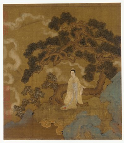 Dame under et knudret fyrretræ af Formerly attributed to Zhou Wenju