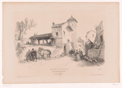 Landsbygade med heste og forskellige figurer Tegnekursus med studier af landskaber, dyr og detaljer (serietitel) Kursus designet. Paysages, figurer, animaux, tilbehør, af Férogio (serietitel på objekt) af Fortuné Ferogio